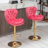 Set of 2 Bar Stools; with Chrome Footrest and Base Swivel Height Adjustable Mechanical Lifting Velvet + Golden Leg Simple Bar Stool-pink