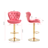 Set of 2 Bar Stools; with Chrome Footrest and Base Swivel Height Adjustable Mechanical Lifting Velvet + Golden Leg Simple Bar Stool-pink