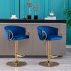 Set of 2 Bar Stools; with Chrome Footrest and Base Swivel Height Adjustable Mechanical Lifting Velvet + Golden Leg Simple Bar Stool-Navy