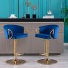 Set of 2 Bar Stools; with Chrome Footrest and Base Swivel Height Adjustable Mechanical Lifting Velvet + Golden Leg Simple Bar Stool-Navy