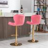 Set of 2 Bar Stools; with Chrome Footrest and Base Swivel Height Adjustable Mechanical Lifting Velvet + Golden Leg Simple Bar Stool-pink