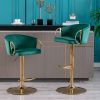 Set of 2 Bar Stools; with Chrome Footrest and Base Swivel Height Adjustable Mechanical Lifting Velvet + Golden Leg Simple Bar Stool-Green