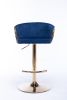 Set of 2 Bar Stools; with Chrome Footrest and Base Swivel Height Adjustable Mechanical Lifting Velvet + Golden Leg Simple Bar Stool-Navy