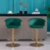 Set of 2 Bar Stools; with Chrome Footrest and Base Swivel Height Adjustable Mechanical Lifting Velvet + Golden Leg Simple Bar Stool-Green