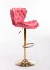 Set of 2 Bar Stools; with Chrome Footrest and Base Swivel Height Adjustable Mechanical Lifting Velvet + Golden Leg Simple Bar Stool-pink