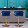 Set of 2 Bar Stools; with Chrome Footrest and Base Swivel Height Adjustable Mechanical Lifting Velvet + Golden Leg Simple Bar Stool-Navy