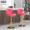 Set of 2 Bar Stools; with Chrome Footrest and Base Swivel Height Adjustable Mechanical Lifting Velvet + Golden Leg Simple Bar Stool-pink