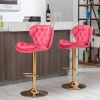 Set of 2 Bar Stools; with Chrome Footrest and Base Swivel Height Adjustable Mechanical Lifting Velvet + Golden Leg Simple Bar Stool-pink