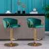 Set of 2 Bar Stools; with Chrome Footrest and Base Swivel Height Adjustable Mechanical Lifting Velvet + Golden Leg Simple Bar Stool-Green