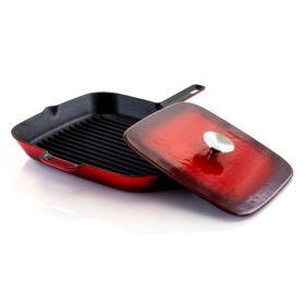 Elegant Hosehold Kitchen Square Enamel Cast Iron Grill Pan (Color: Red)